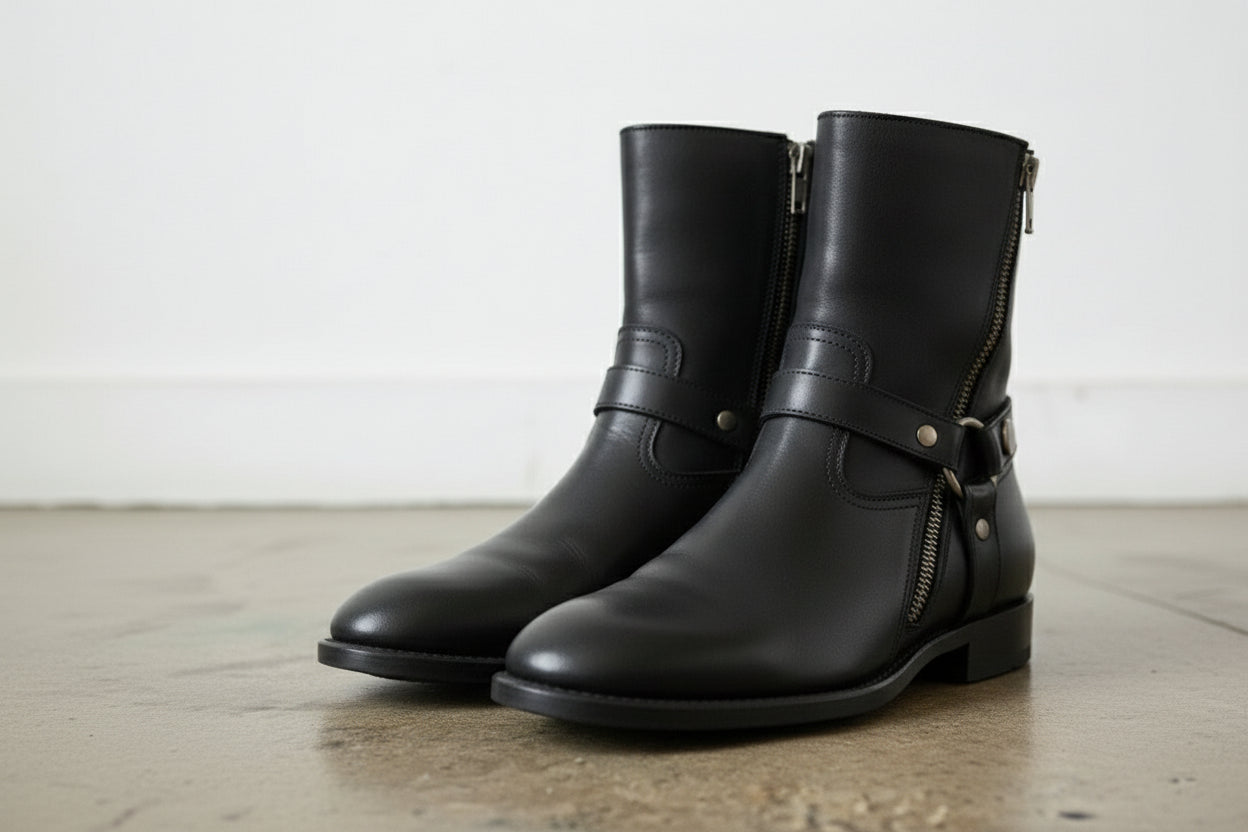 Handcrafted Men's Full-grain Leather Harness Zipper Boots