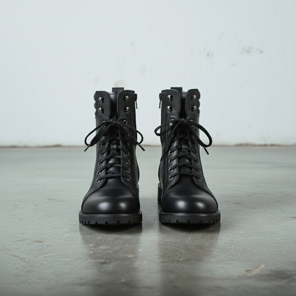 Men's Black Cap-Toe Leather Biker Boots