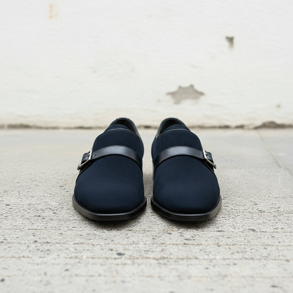 Handmade Men's Navy Blue Suede Monk Dress Shoes