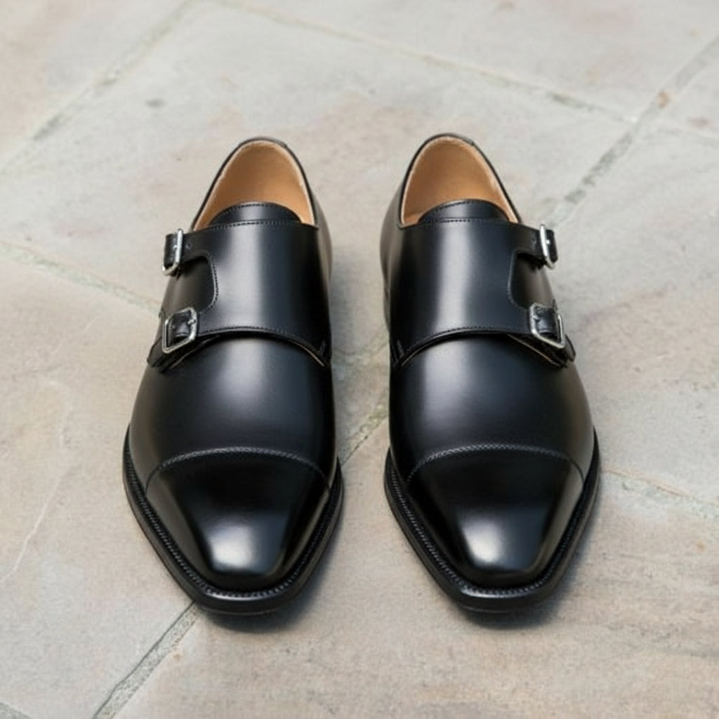 Men's Black Leather Double Monk Dress Shoes