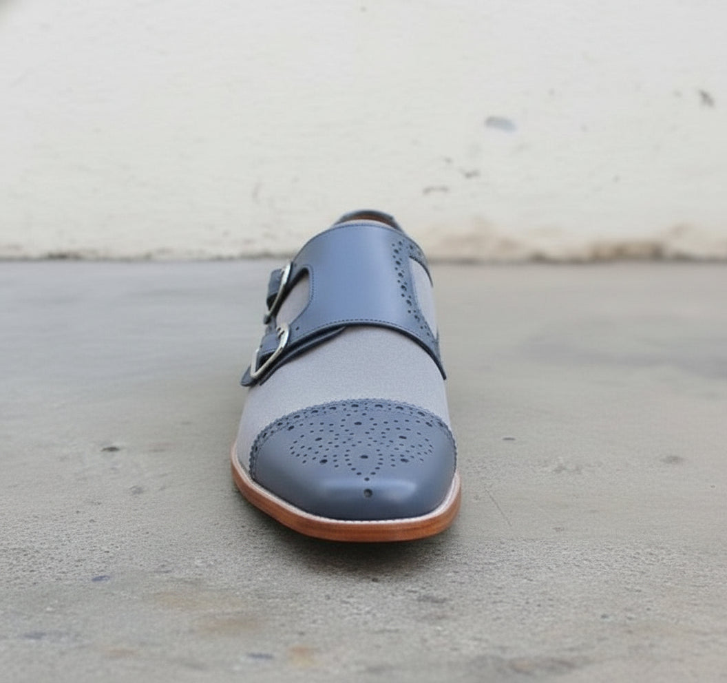 Handmade Men's Formal Monk Leather and Suede Dress Shoes