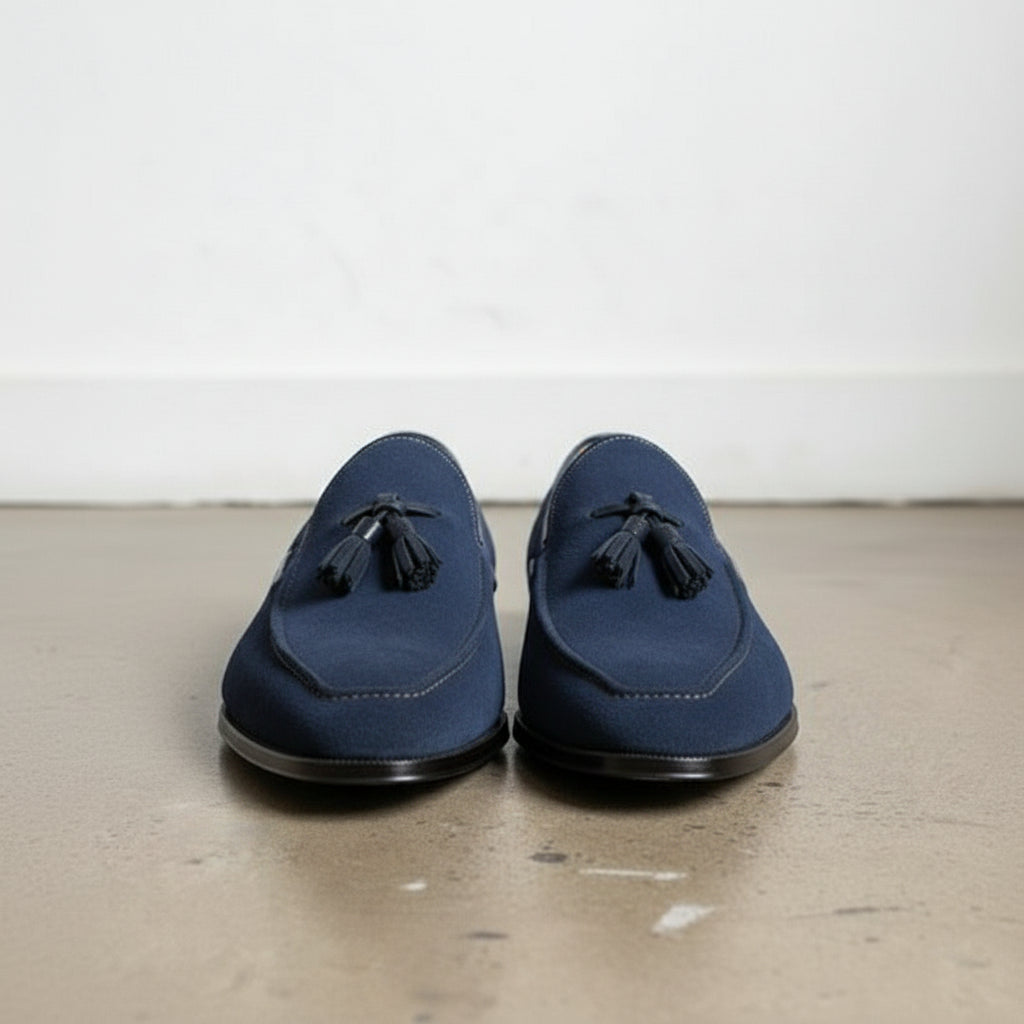 Handmade Navy Suede Tassel Loafers