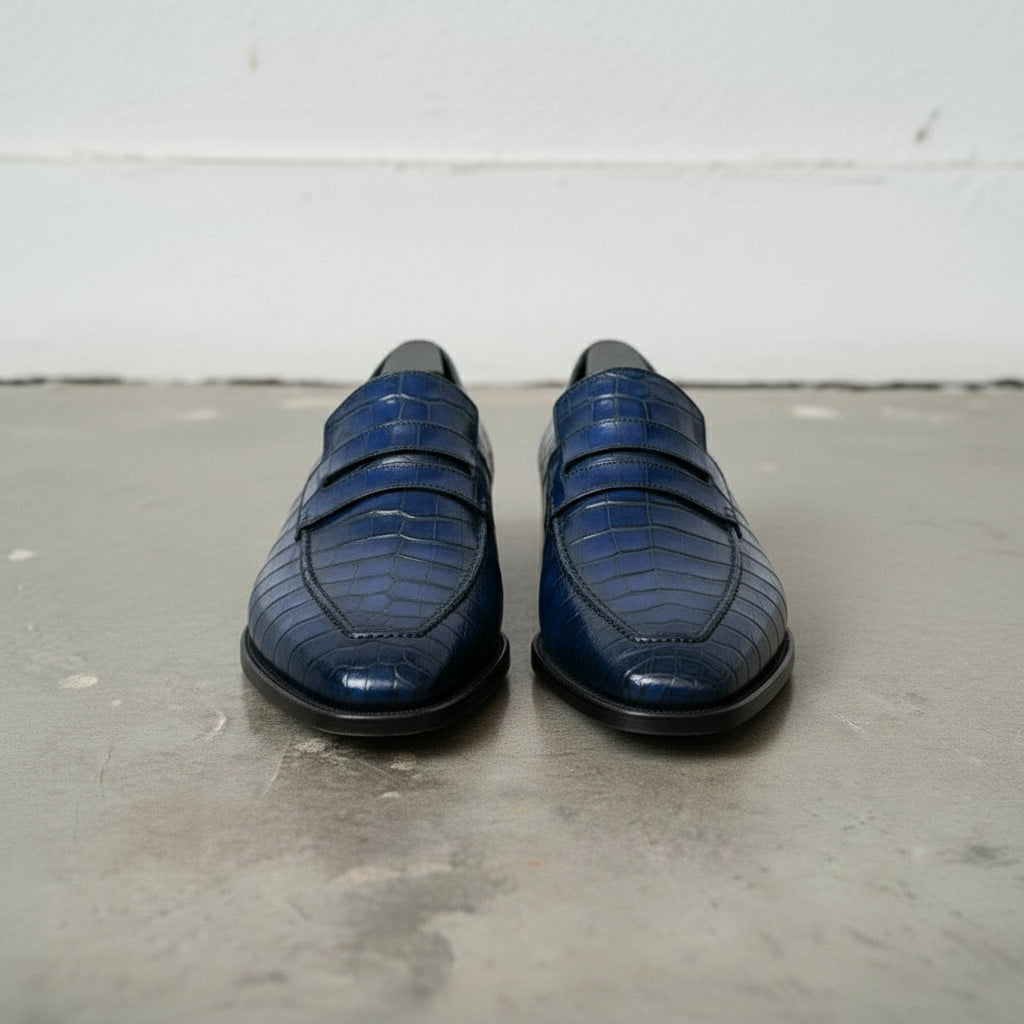 Handcrafted Blue Leather Moccasins with Crocodile Embossing
