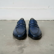 Handcrafted Blue Leather Moccasins with Crocodile Embossing