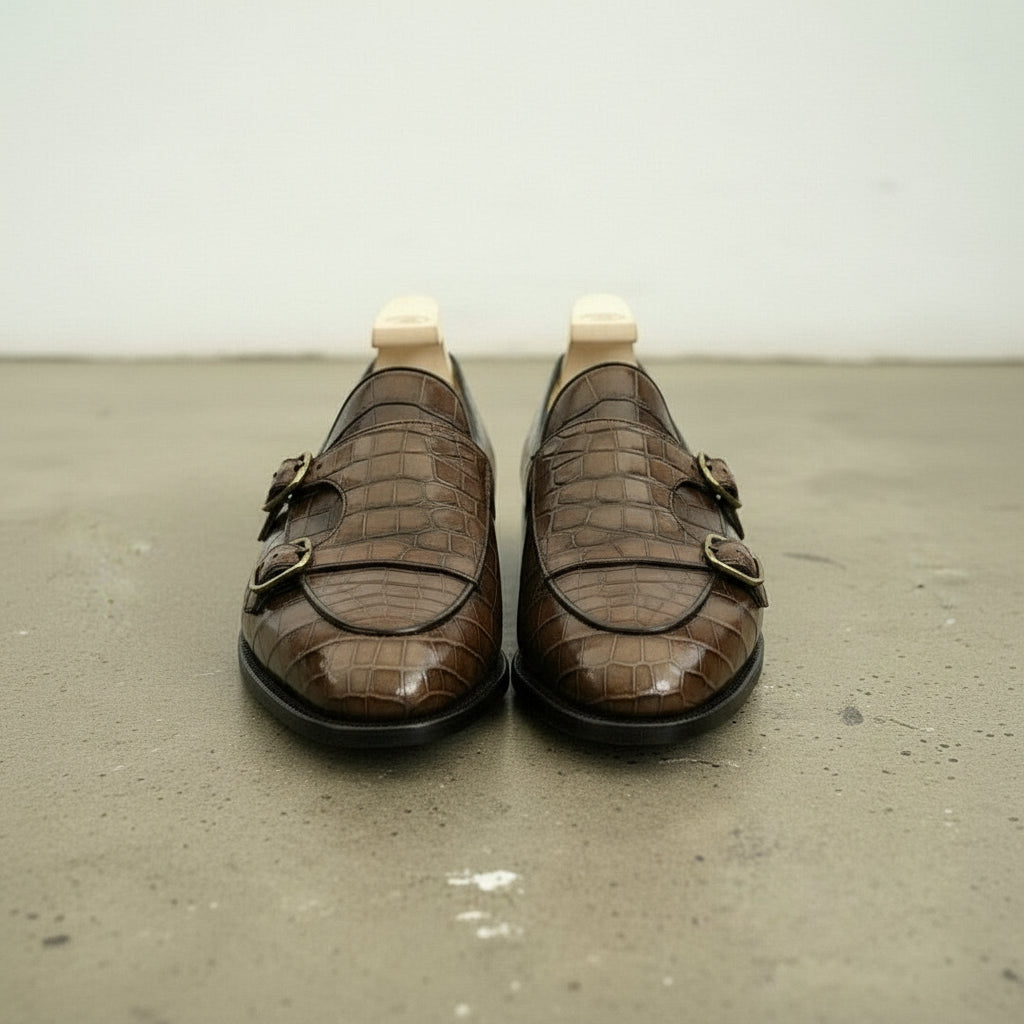 Handmade Men's Brown Double Monk Crocodile Dress Shoes