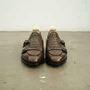 Handmade Men's Brown Double Monk Crocodile Dress Shoes