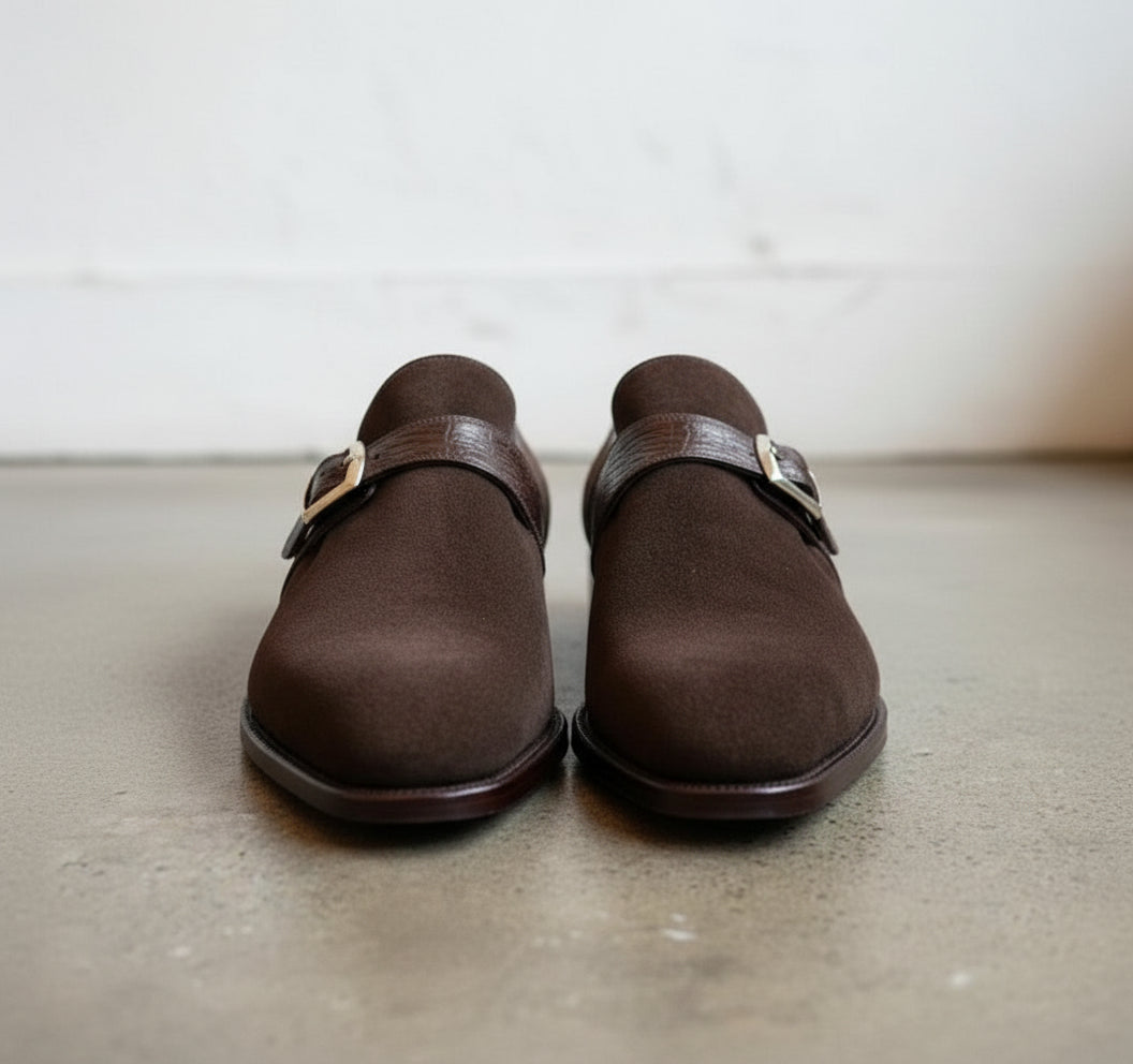 Handmade Men's Formal Brown Suede Monk Buckle Dress Shoes