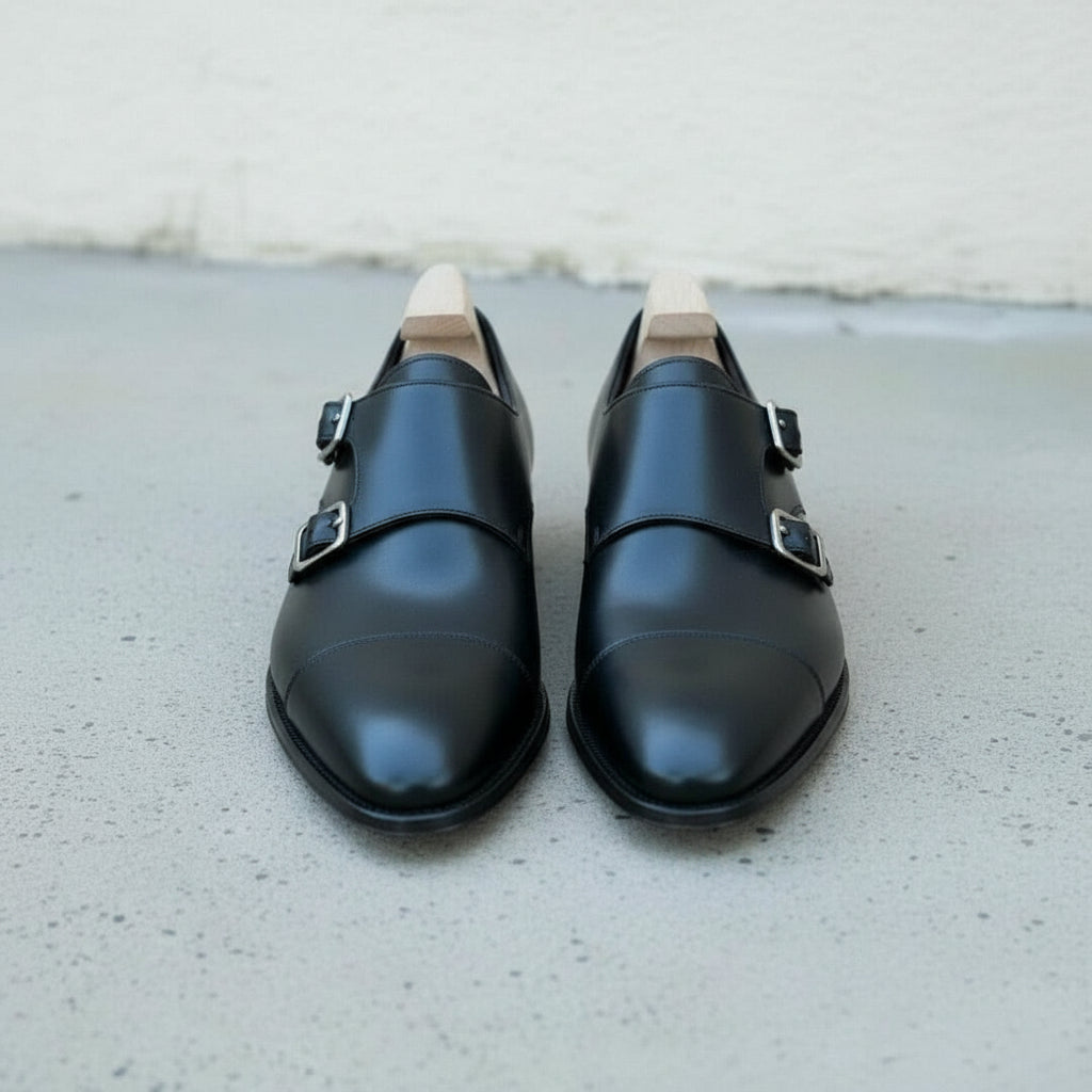 Men's Handmade Black Monk Strap Leather Dress Shoes