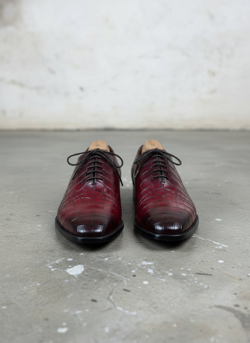 Men's Burgundy Lace-up Crocodile Pattern Dress Shoes