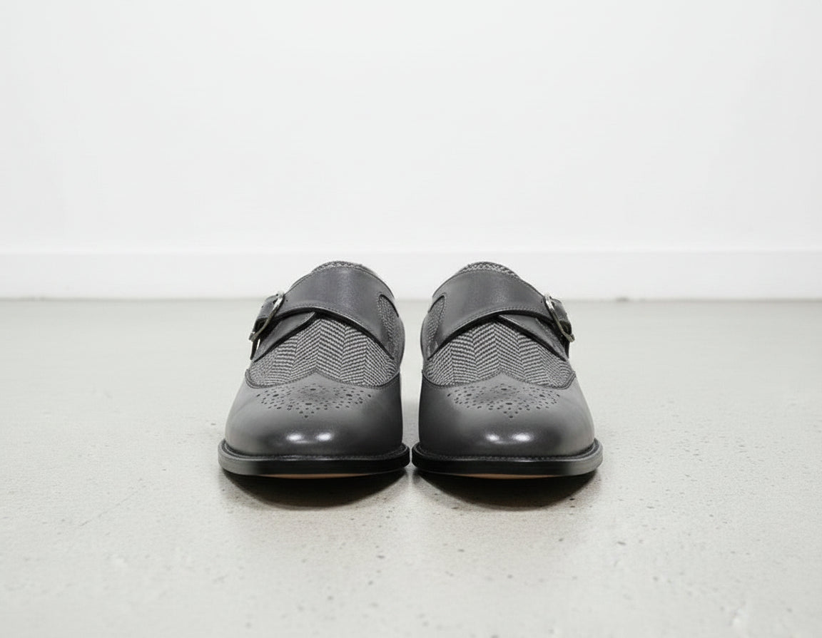 Handmade Men's Gray wingtip monk shoes, Leather dress shoes for men