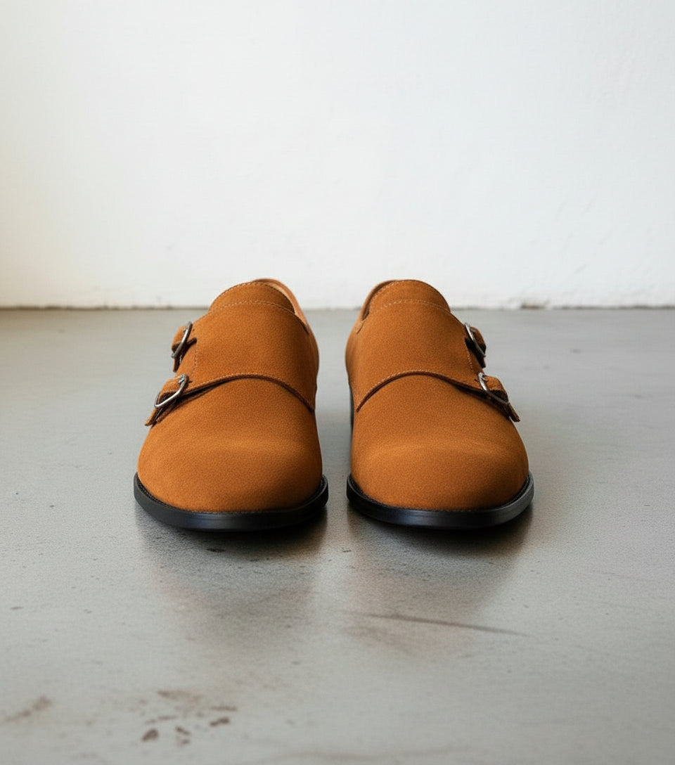 Men's Tan Suede Double Monk Formal Dress Shoes