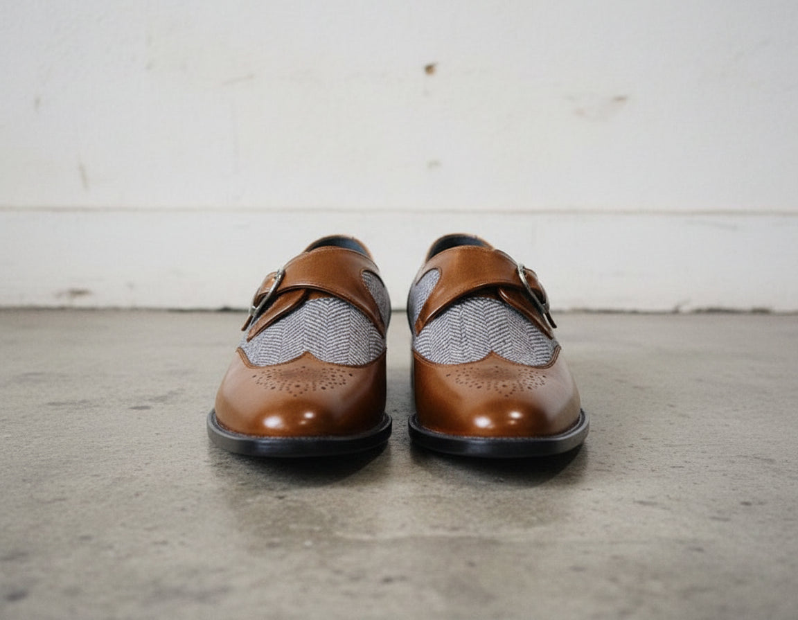 Men's Two-Tone Leather Wing Tip Monk Dress Shoes