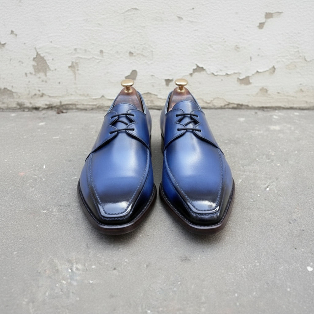 Handmade Men's Blue Derby Lace Up  Office Leather Shoes