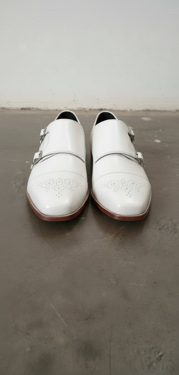 Men's Double Monk White Leather Dress Shoes