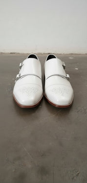 Men's Double Monk White Leather Dress Shoes