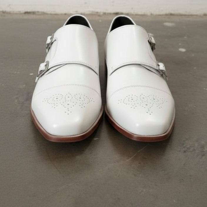 Men's Double Monk White Leather Dress Shoes