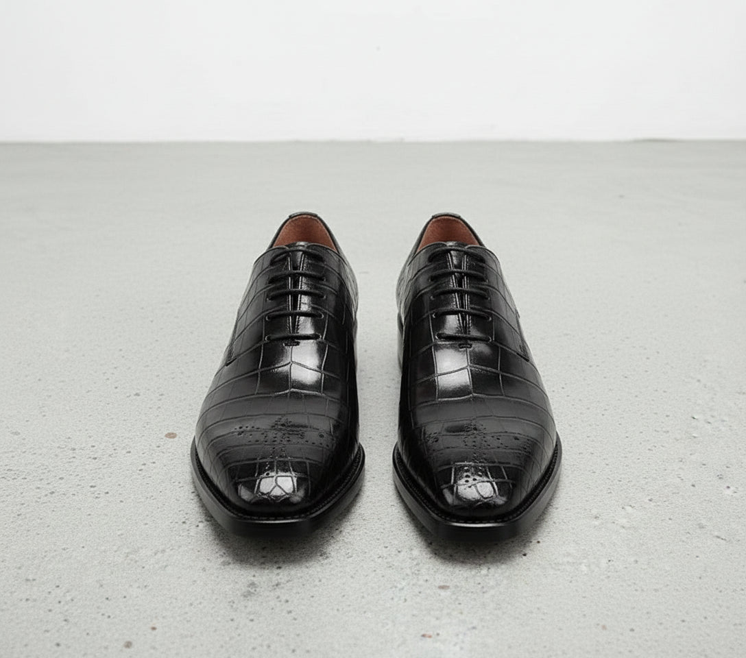 Handcrafted Men's Black Leather Crocodile Oxford Shoes