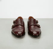 Handcrafted Men's Burgundy Crocodile Leather Double Monk Shoes