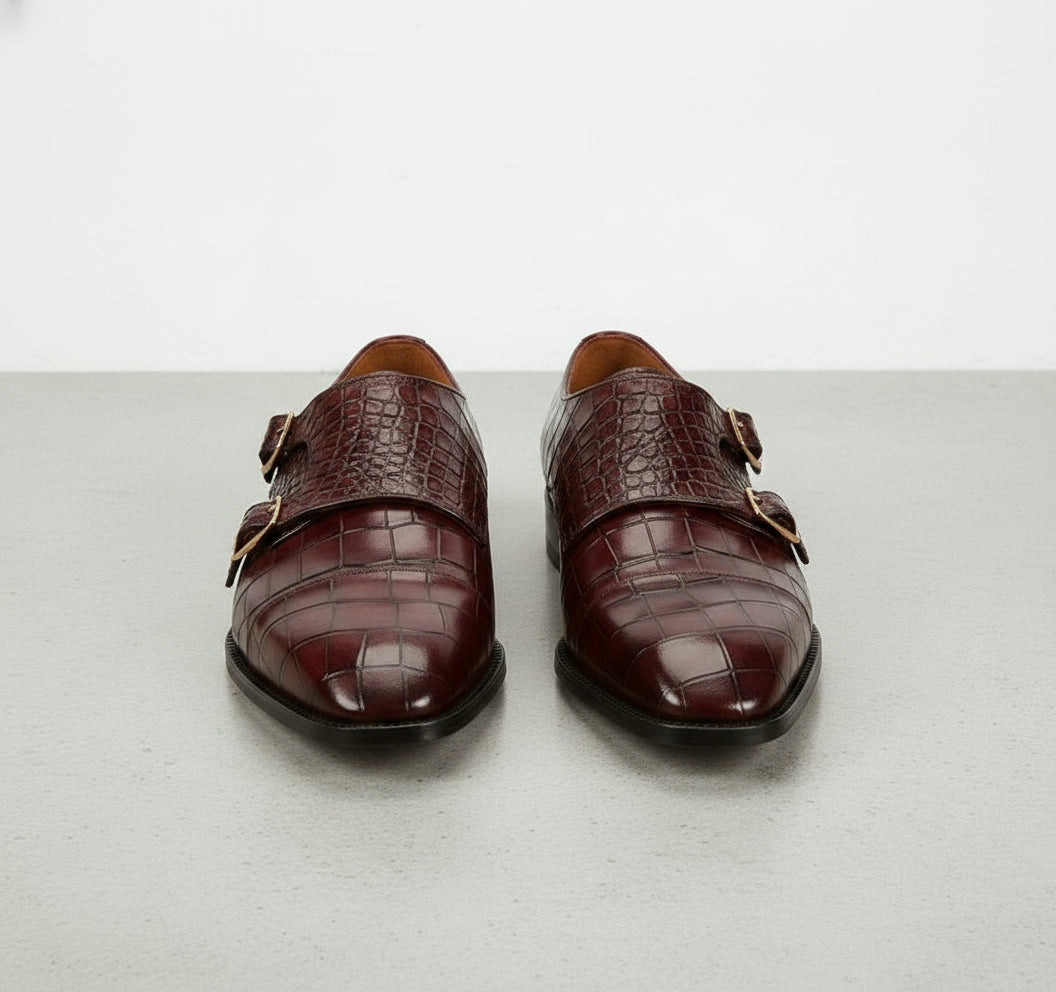Handcrafted Men's Burgundy Crocodile Leather Double Monk Shoes