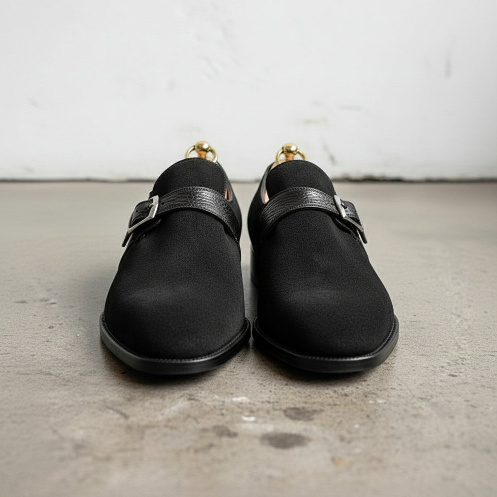 mens black dress shoes with silver buckle Men Black Loafer Slip-On Genuine Leather Shoes with Metal On Strap