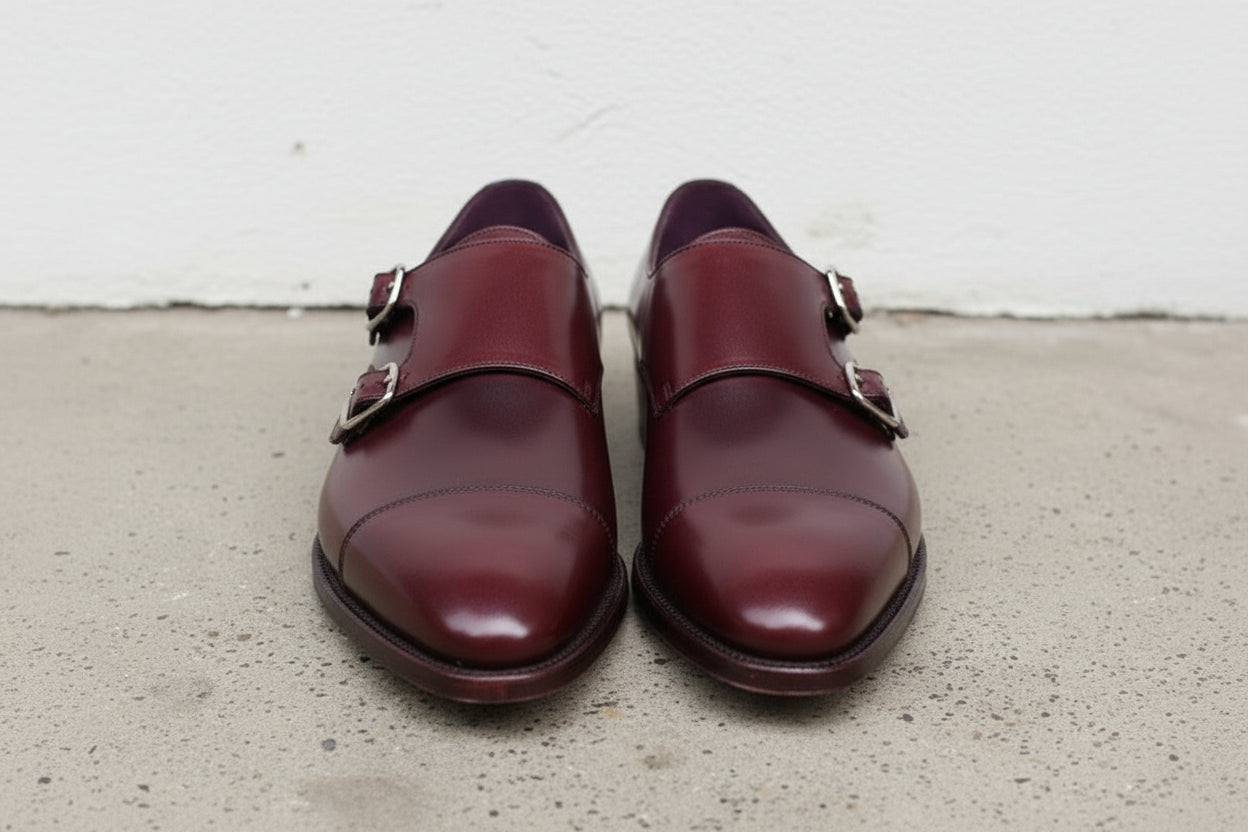 Handcrafted Men's Burgundy Double Buckle Dress Shoes