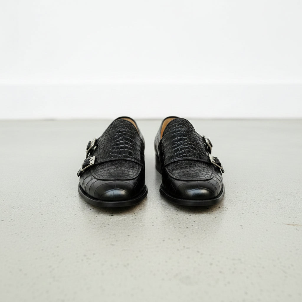 Handcrafted Men's Black Leather Double Monk Shoes with Crocodile Texture