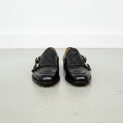 Handcrafted Men's Black Leather Double Monk Shoes with Crocodile Texture