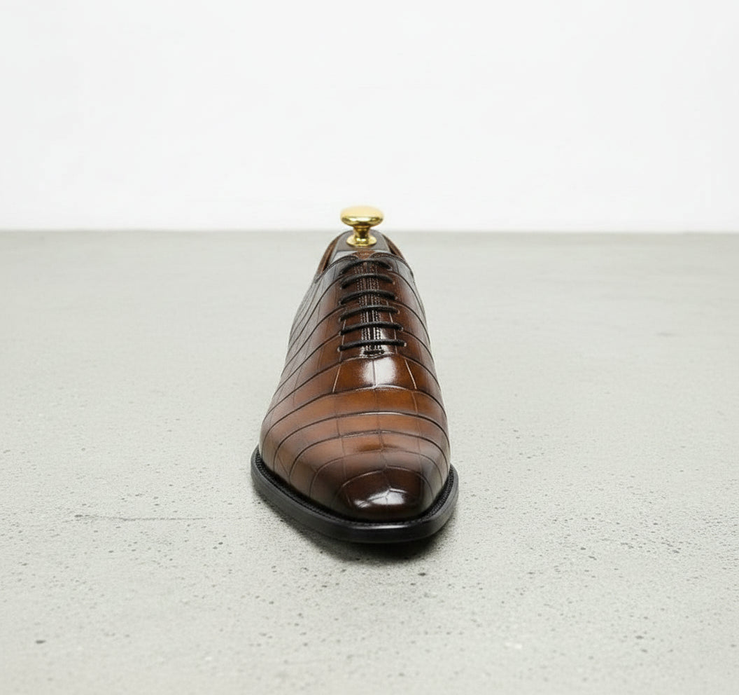 Handcrafted Men's Brown Crocodile-textured Formal Dress Shoes