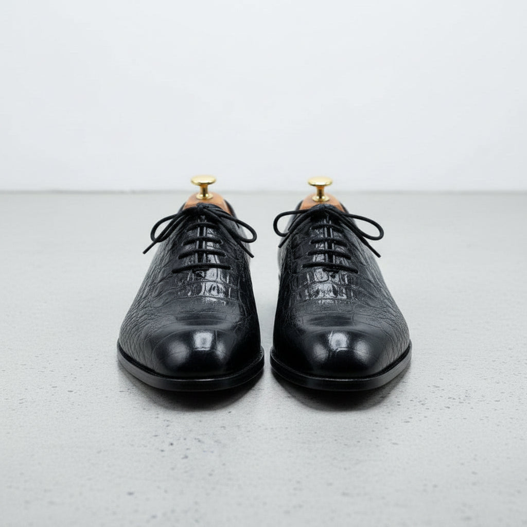 Handcrafted Men's Black Alligator Leather Oxford Shoes