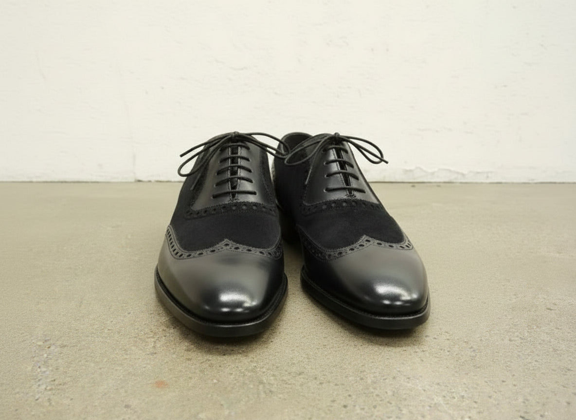 Handmade Black Suede & Leather Wingtip Shoes