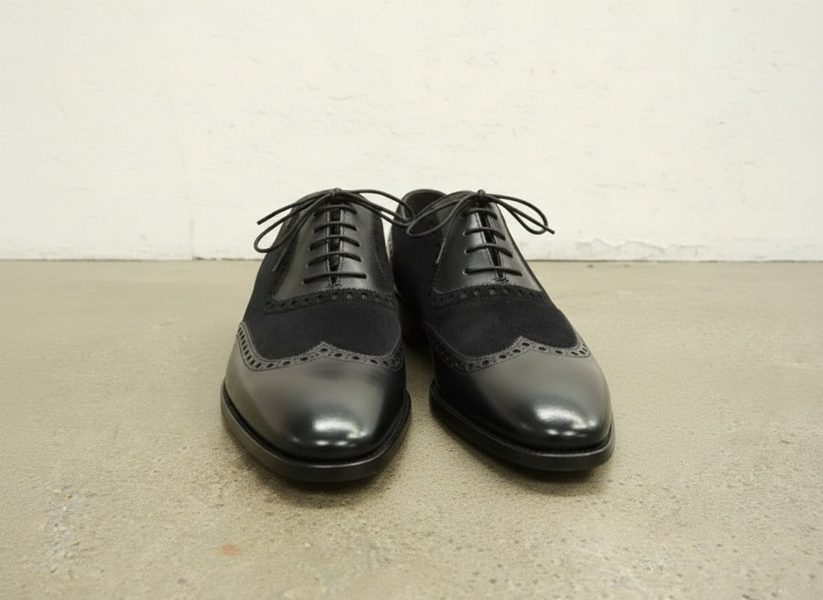 Handmade Black Suede & Leather Wingtip Shoes