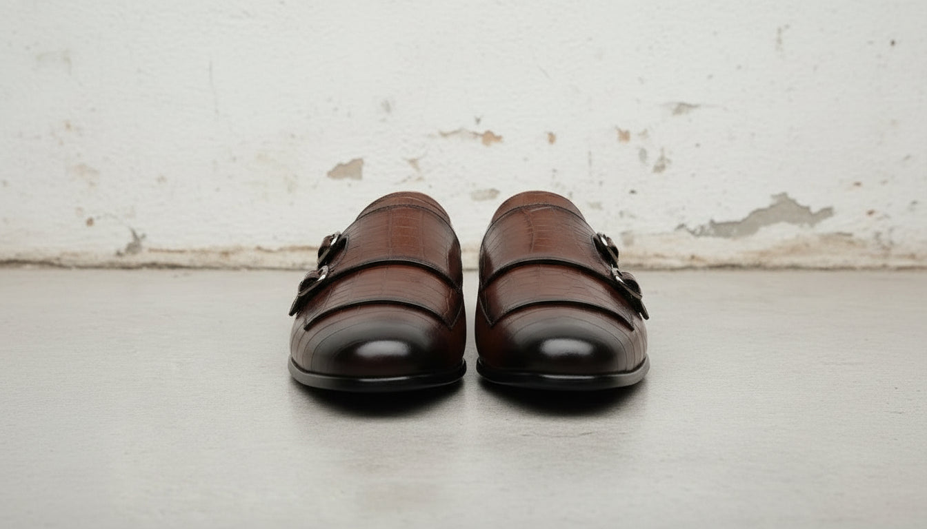 Handcrafted Men's  Brown Croc-Embossed Leather Double Monks