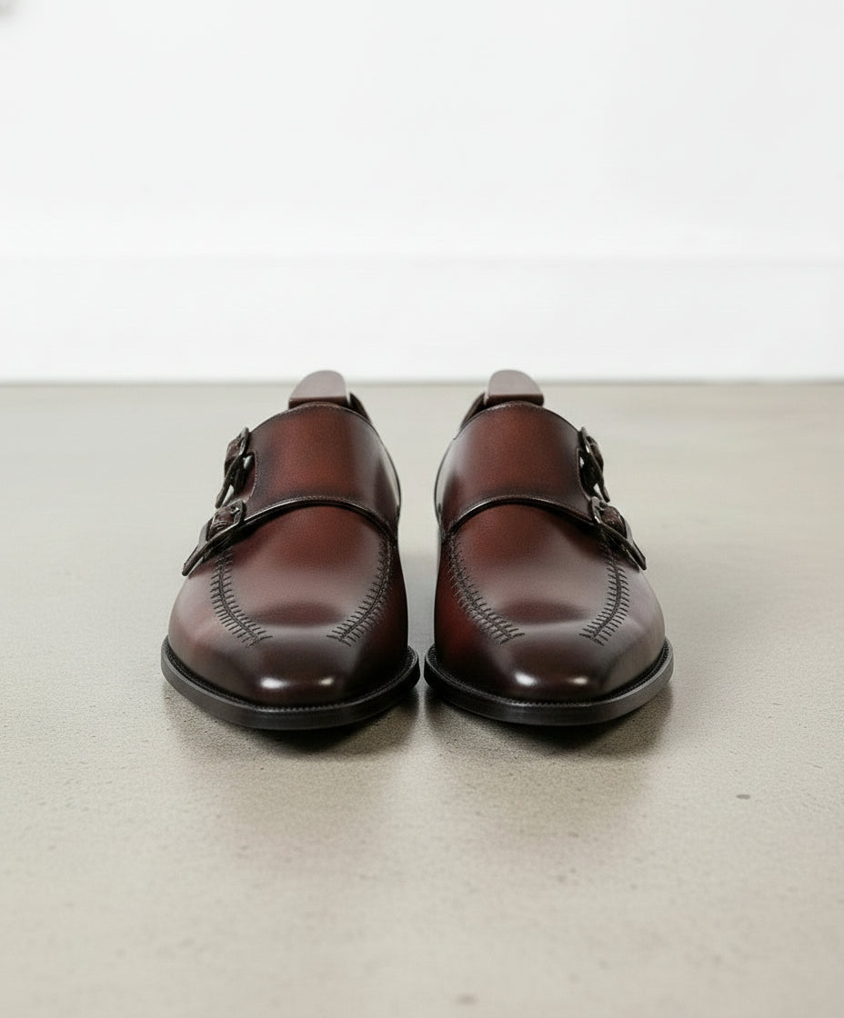 Handmade Men's Brown Leather Double Monk Dress Shoes