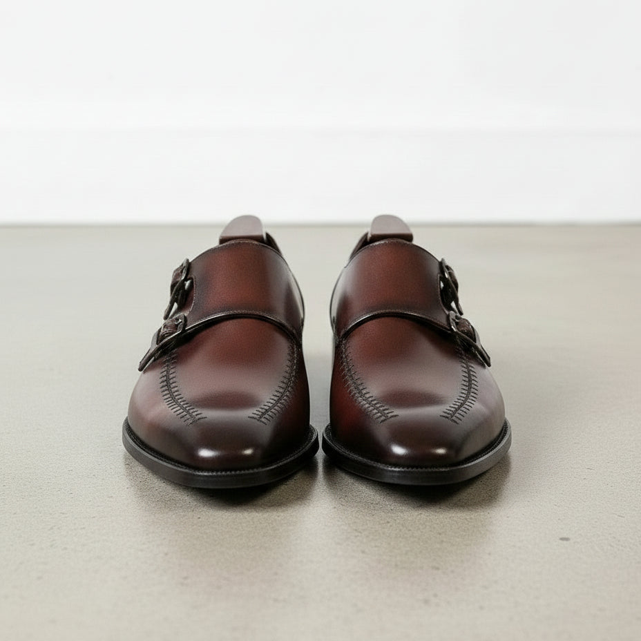 Handmade Men's Brown Leather Double Monk Dress Shoes
