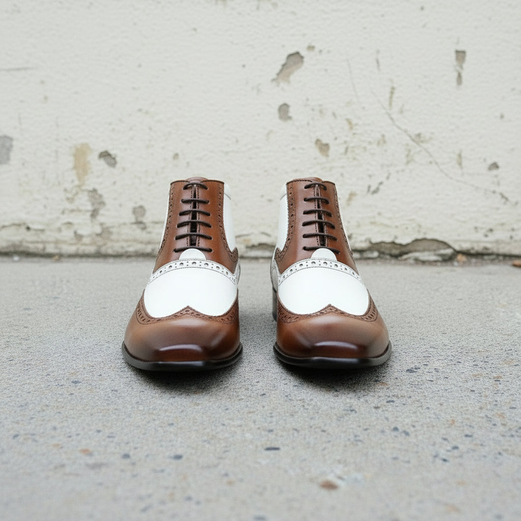 Handcrafted Men's Brown and White Wingtip Ankle Boots