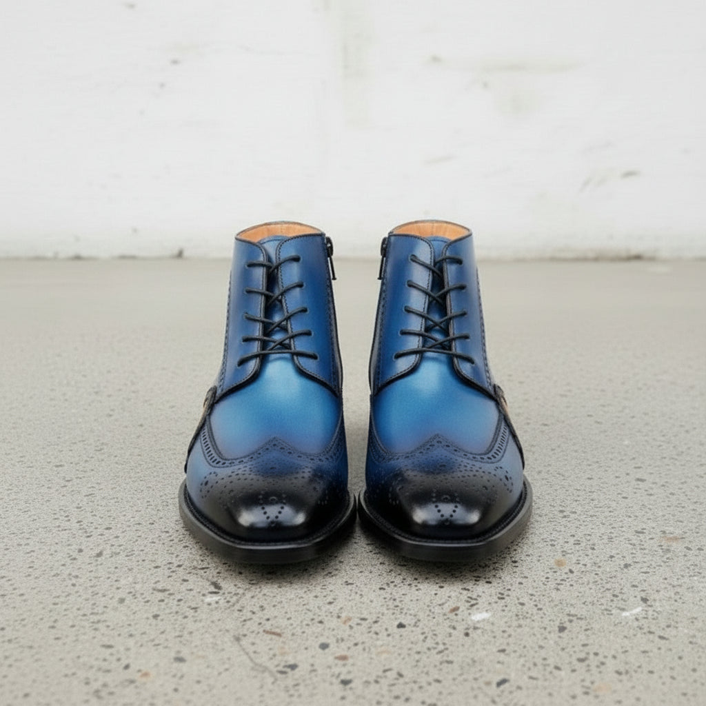 Handcrafted Men's Blue Wing Tip Brogue Leather Boots