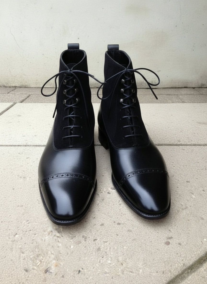 Men's Handmade Black Leather & Suede Lace-up Ankle Boots