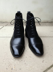 Men's Handmade Black Leather & Suede Lace-up Ankle Boots