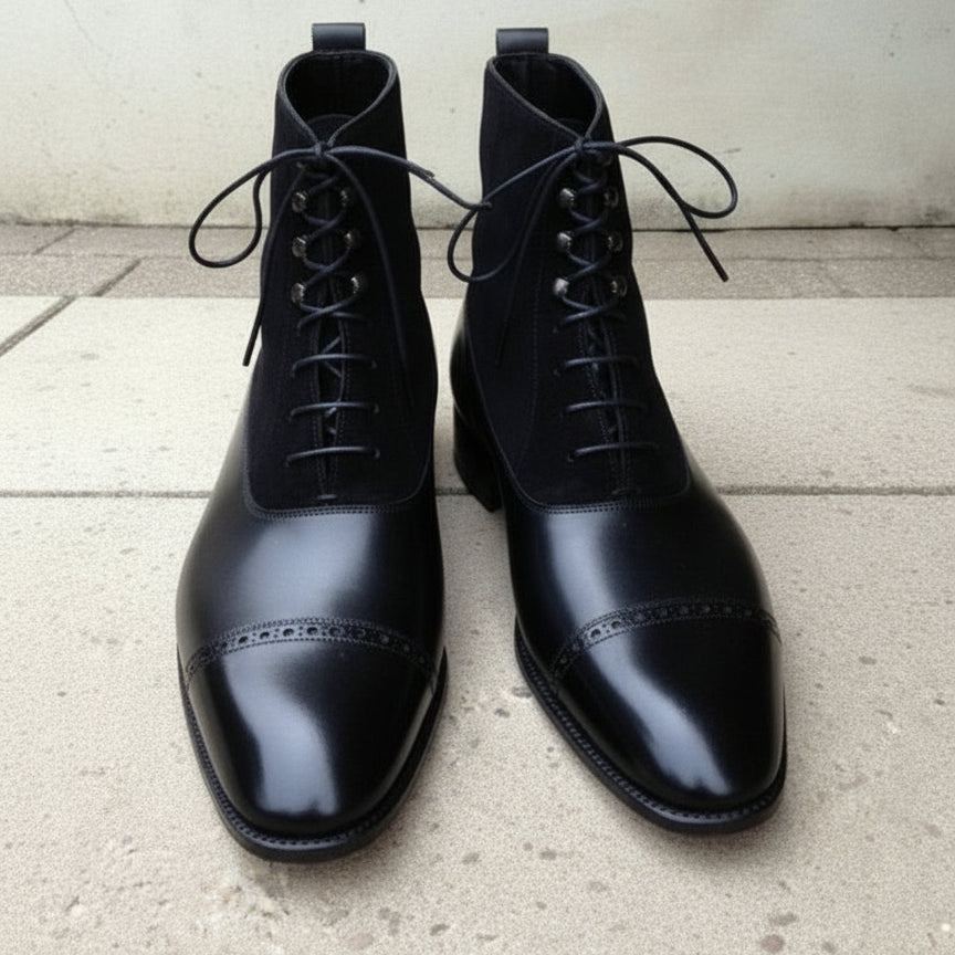 Men's Handmade Black Leather & Suede Lace-up Ankle Boots