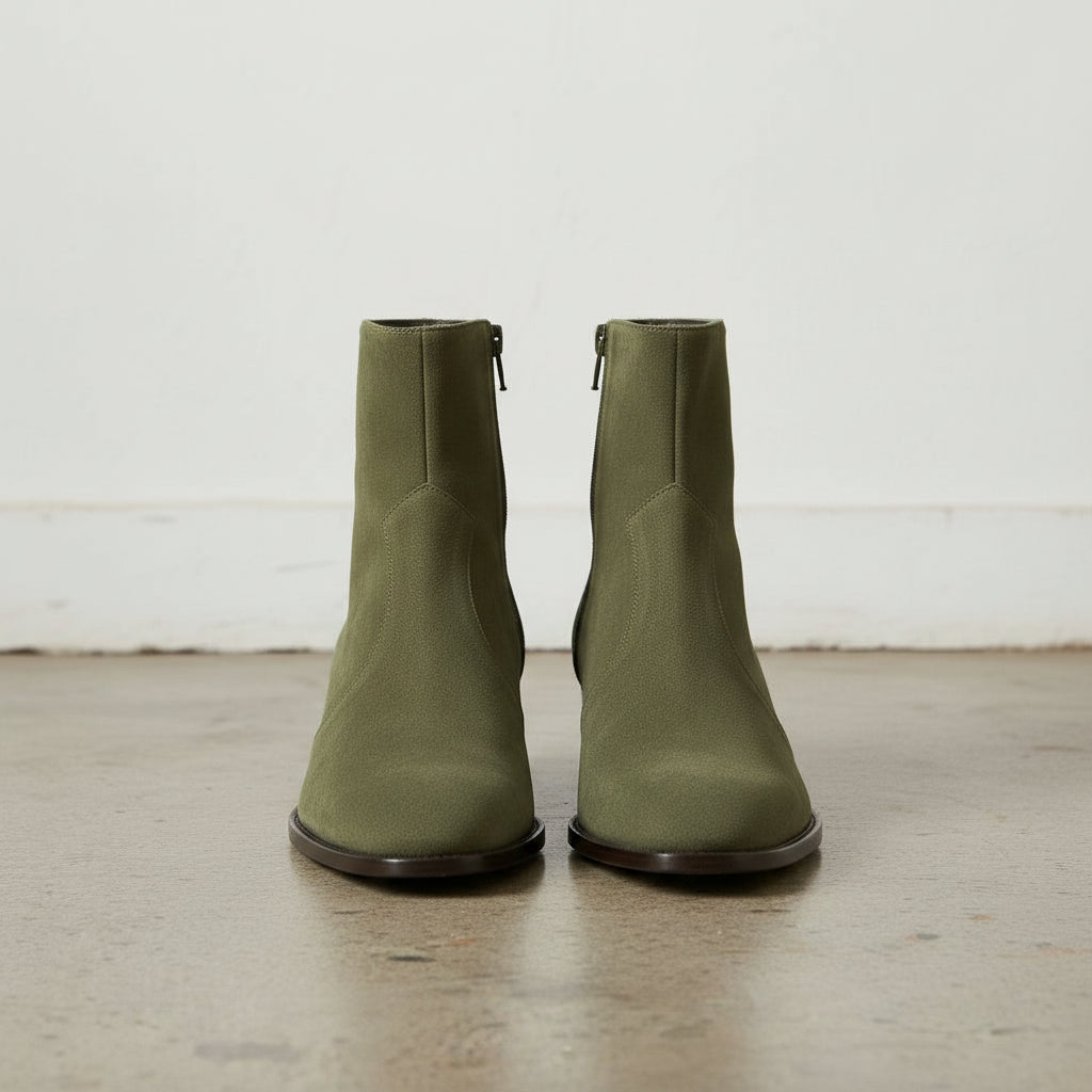 Men's Green Suede Ankle Boots with Zipper Closure