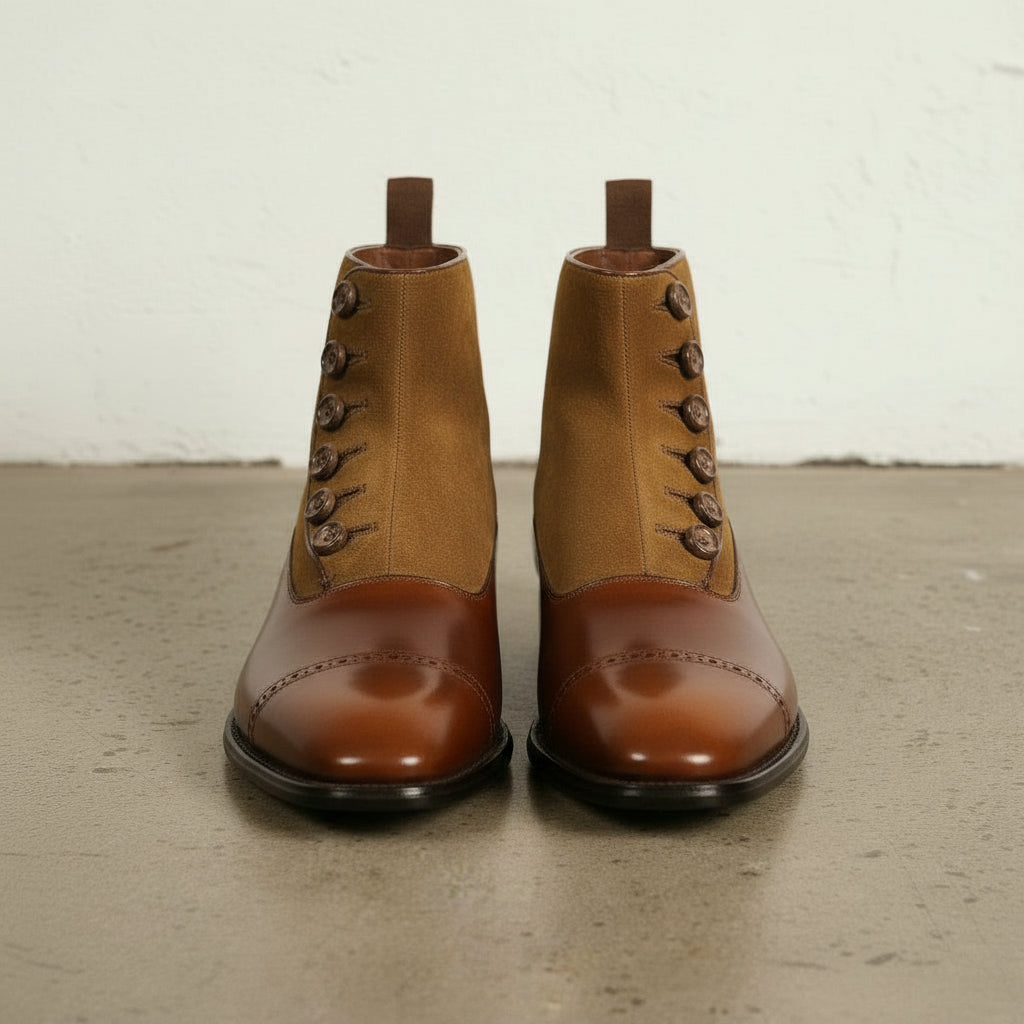 Men's Handmade Brown Leather Ankle Boots with Button Detail