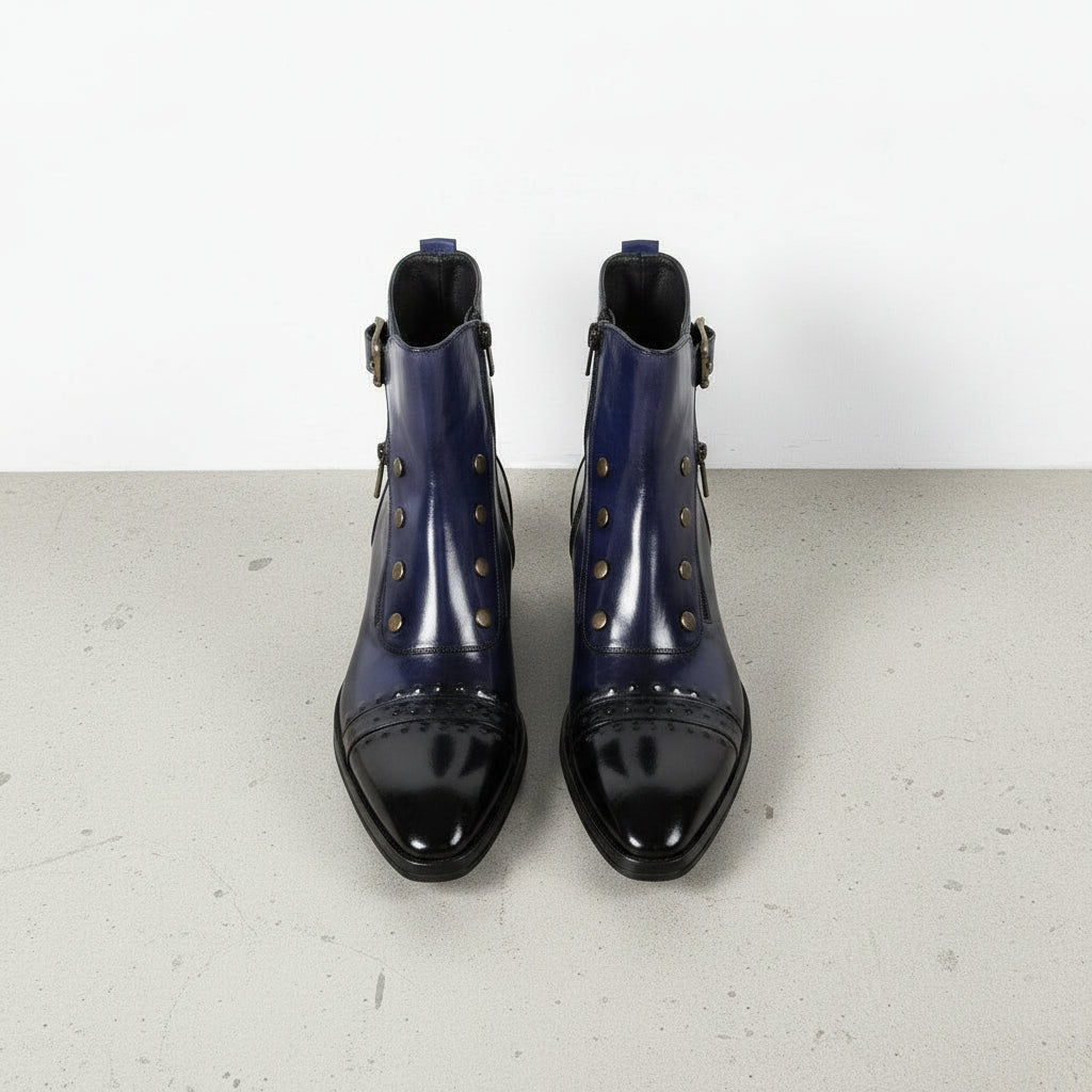 Handmade Men's Blue Leather High Ankle Boots with Side Zipper