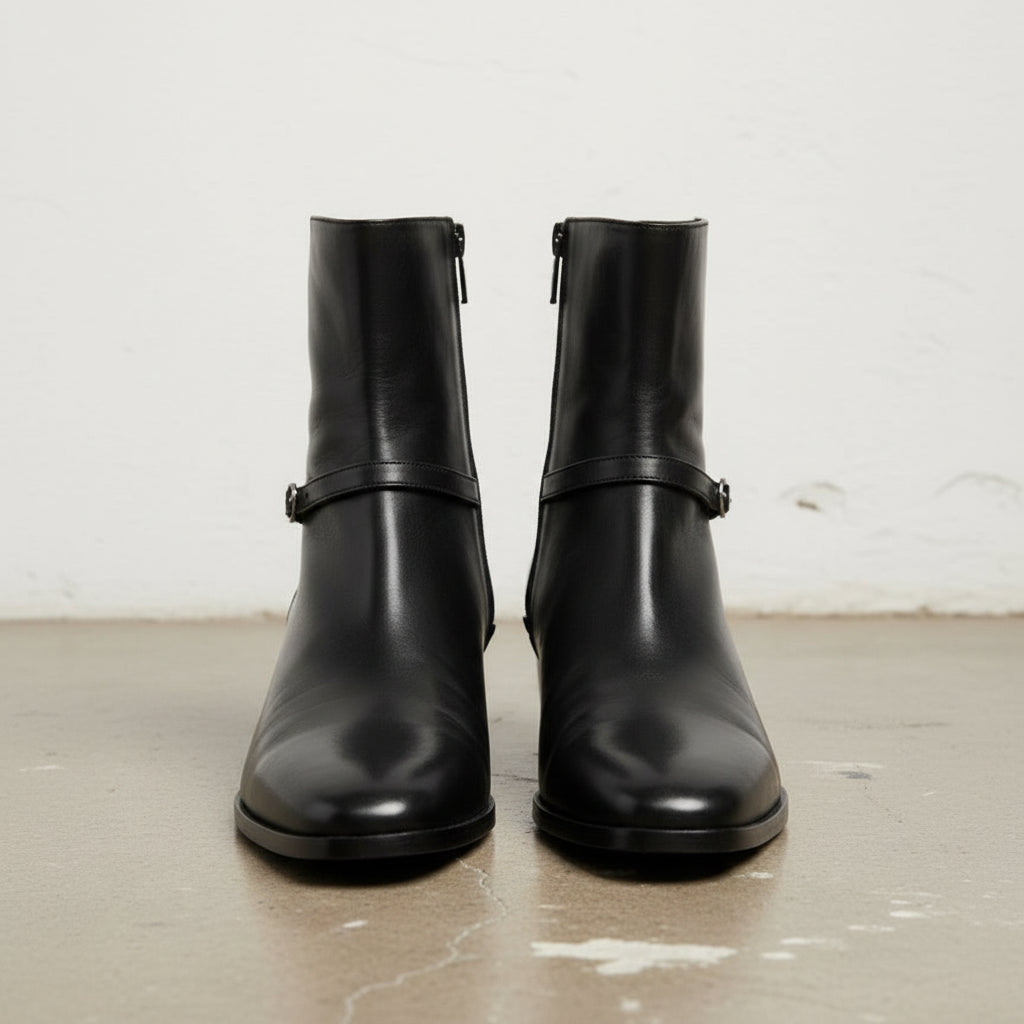 Handmade Men's Black Leather Ankle Boots with Side Zip