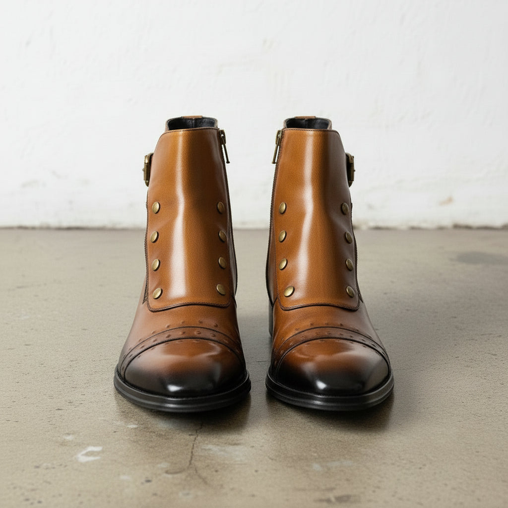 Handmade Men's Dark Tan Leather High Ankle Strap Boots