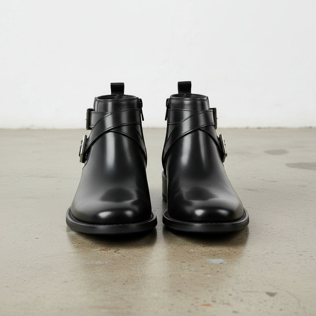 Handmade Men's Leather Buckle Ankle Boots