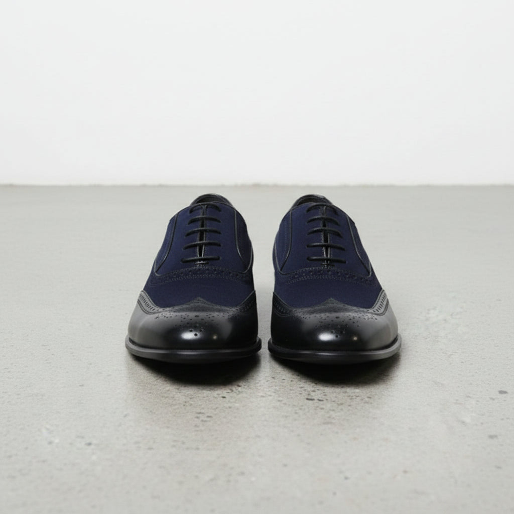 Handcrafted Men's Two-tone Wingtip Dress Shoes in Black and Blue Suede