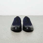Handcrafted Men's Two-tone Wingtip Dress Shoes in Black and Blue Suede