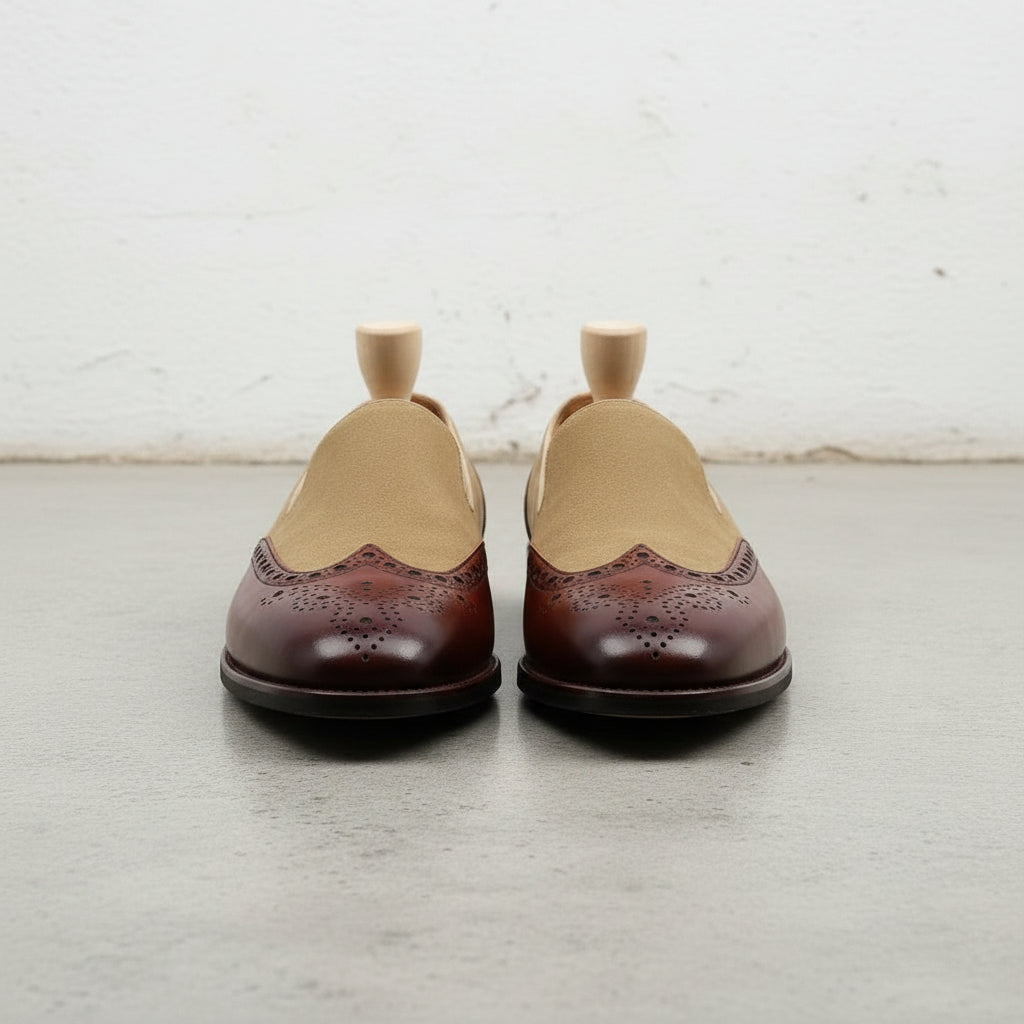 Handcrafted Two-tone Wingtip Moccasins in Suede and Leather