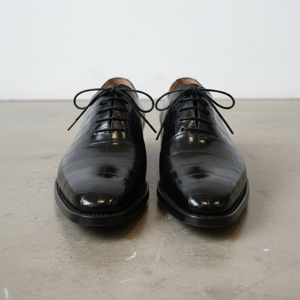 Handmade Men's Leather Shoes, Black Crocodile Patterned Dress Shoes