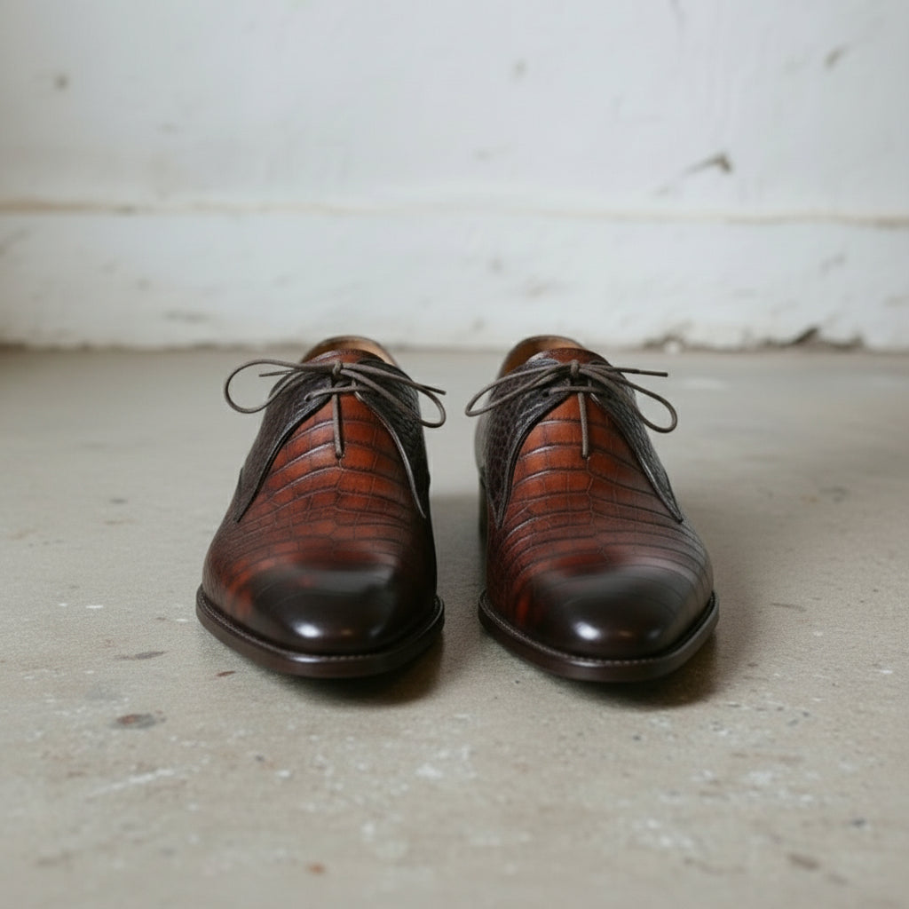 Brown Crocodile-Embossed Leather Derby Shoes — Brockett